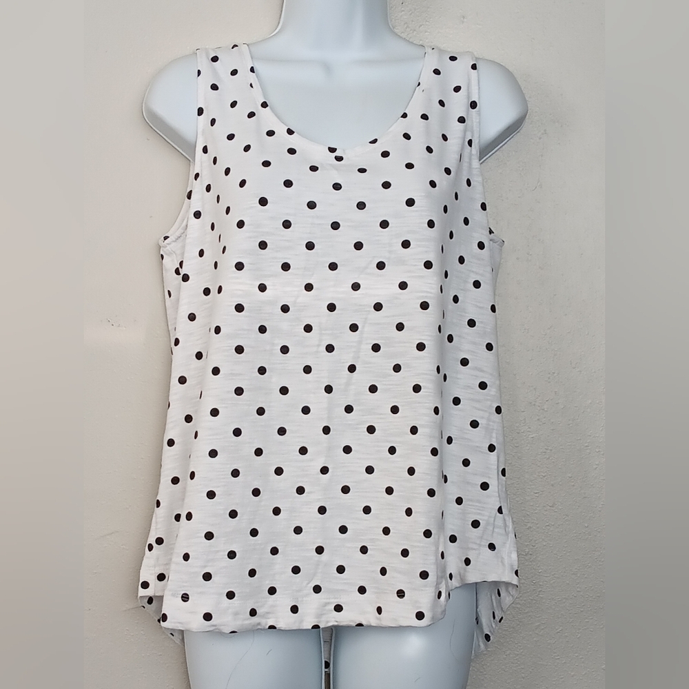 Chico's Women's Sleeveless White/Navy Blue Polka Dot Round Hem Cotton Blend Sz 2